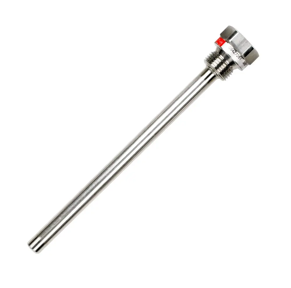 Edelstahl-Tauchrohr mit einem Gewinde, auf dem Markenlogo von Danfoss und einer Markierung. Das Produkt dient zur Messung oder Regelung von Temperaturen in verschiedenen Anwendungen.